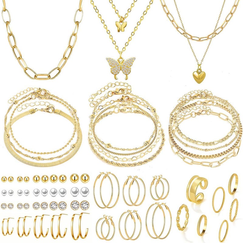 IFNODO 47pcs Gold Jewelry Set With 3 PCS Necklace, 11 PCS Bracelet,20pcs Hoop Stud Earrings,7pcs rings set For Women For Birthday Gifts - Image 1
